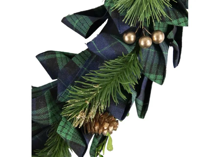 Blue and Green Plaid Bow Artificial Pine Christmas Wreath  17.75-Inch  Unlit