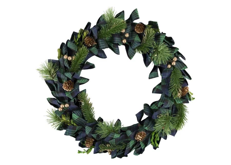 Blue and Green Plaid Bow Artificial Pine Christmas Wreath  17.75-Inch  Unlit