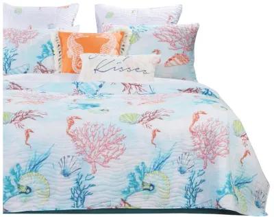 Twin Size 2 Piece Polyester Quilt Set with Coral Prints, Multicolor-Benzara