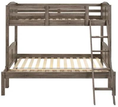 Twin over Full Bunk Bed Set, Slatted Guard Rails, Weathered Brown Wood - Benzara