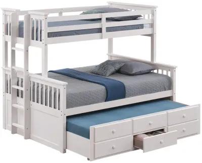 Veran Twin Over Full Bunk Bed, Trundle and 3 Drawers, White Solid Wood