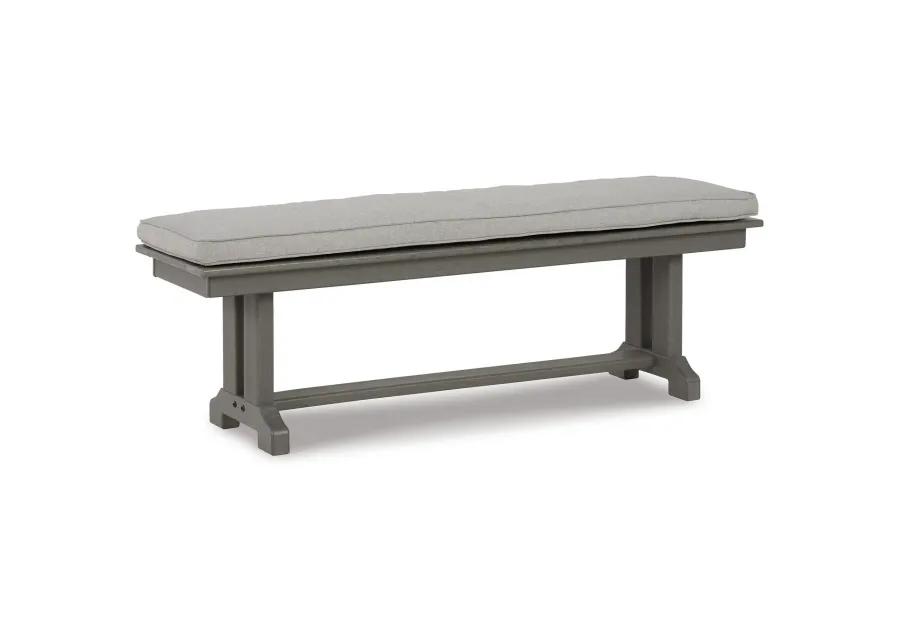 Vrai 54 Inch Outdoor Bench, Gray Wood Frame, Trestle Base, Cushioned Seat-Benzara