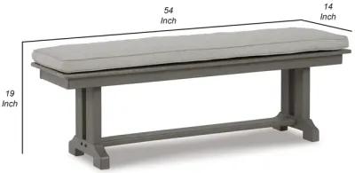 Vrai 54 Inch Outdoor Bench, Gray Wood Frame, Trestle Base, Cushioned Seat-Benzara