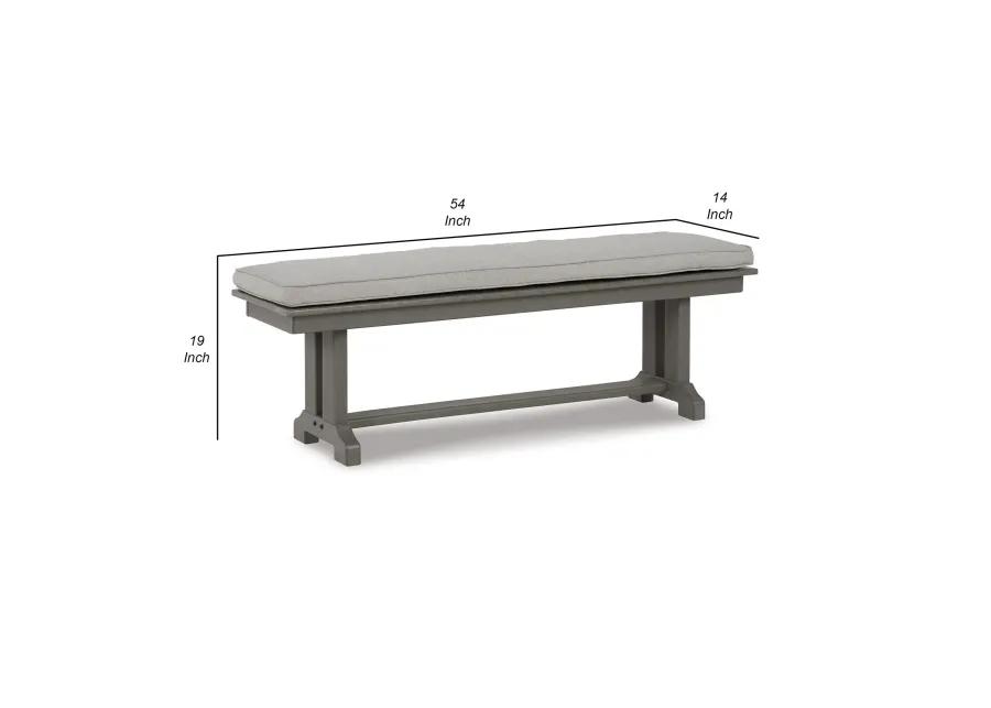 Vrai 54 Inch Outdoor Bench, Gray Wood Frame, Trestle Base, Cushioned Seat-Benzara