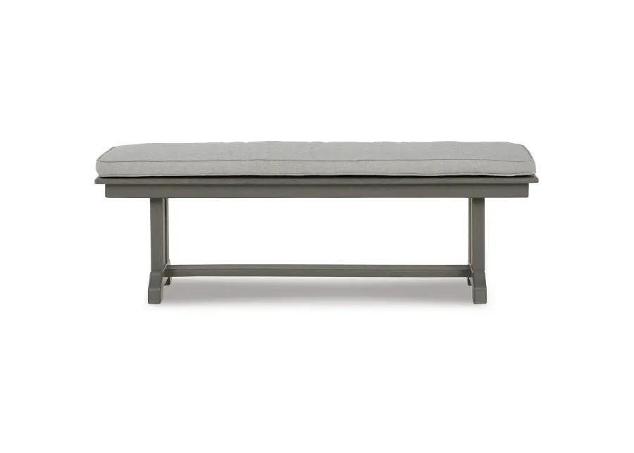 Vrai 54 Inch Outdoor Bench, Gray Wood Frame, Trestle Base, Cushioned Seat-Benzara