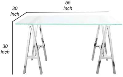 Rani 55 Inch Office Desk, Tempered Glass Top, Modern Chrome Steel Frame - Benzara