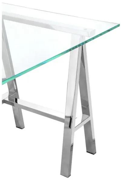 Rani 55 Inch Office Desk, Tempered Glass Top, Modern Chrome Steel Frame - Benzara