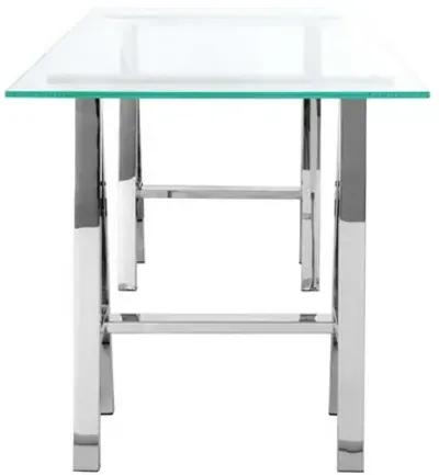 Rani 55 Inch Office Desk, Tempered Glass Top, Modern Chrome Steel Frame - Benzara