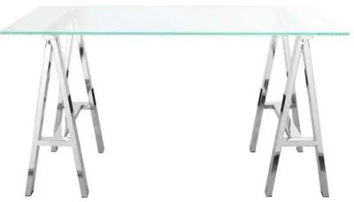 Rani 55 Inch Office Desk, Tempered Glass Top, Modern Chrome Steel Frame - Benzara