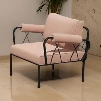 Rain 33 Inch Patio Armchair, Sectional Design, Black Metal, Pink Fabric - Benzara