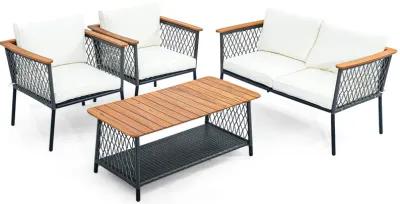 4 Piece Patio Rattan Furniture Set with 2-Tier Coffee Table-White