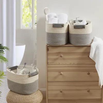 3 Pack Woven Cotton Rope Shelf Storage Basket with Leather Handles