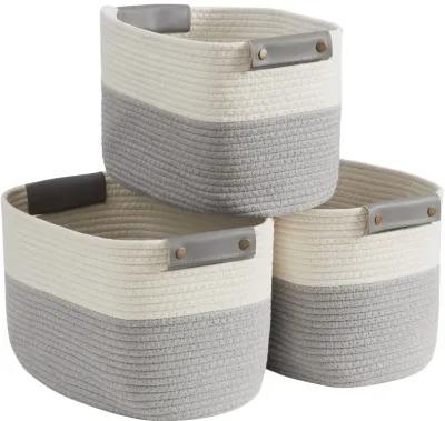 3 Pack Woven Cotton Rope Shelf Storage Basket with Leather Handles