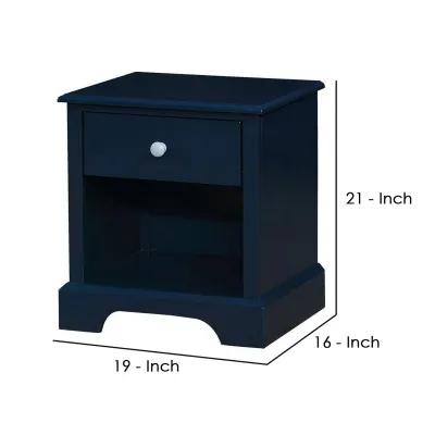 Transitional 1 Drawer Wooden Nightstand with Open Compartment, Blue-Benzara