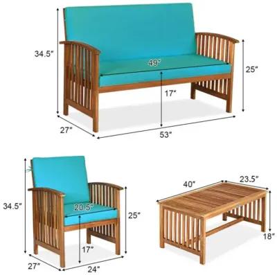 Hivvago 4 Pieces Patio Solid Wood Furniture Set with Water Resistant Cushions