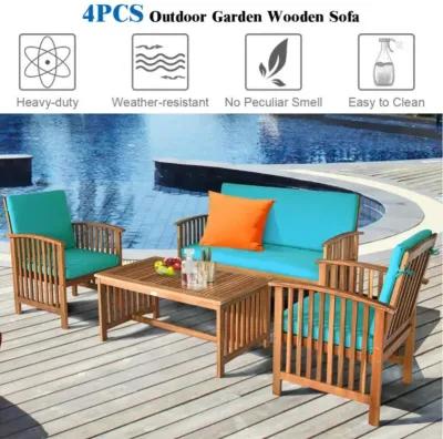 Hivvago 4 Pieces Patio Solid Wood Furniture Set with Water Resistant Cushions