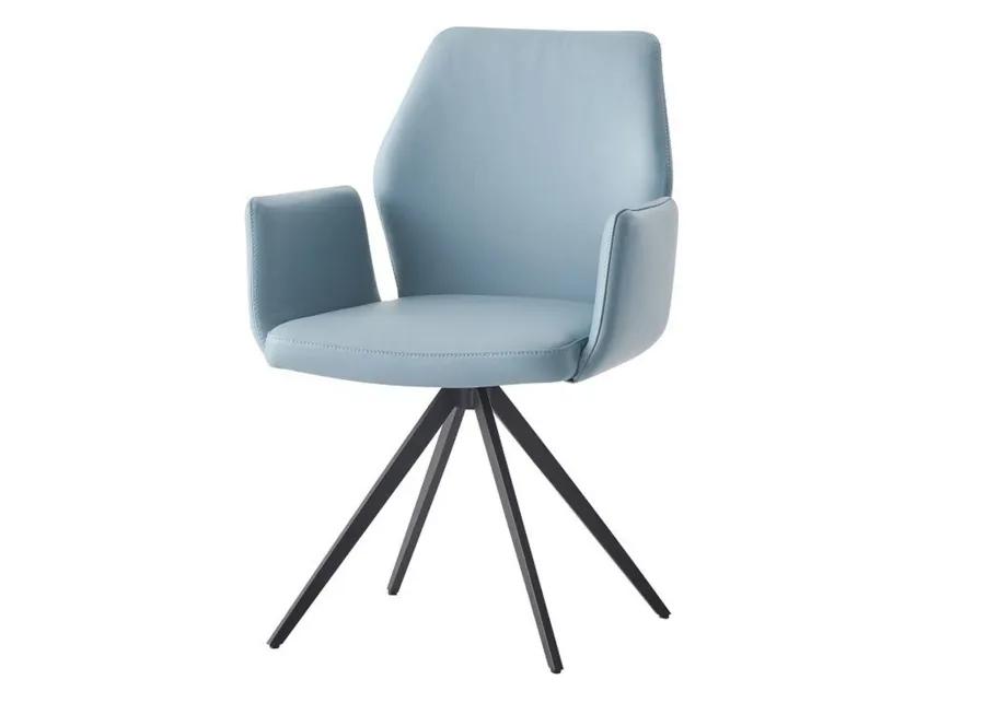 24 Inch Swivel Side Chair, Light Blue Leather Upholstery, Black Legs - Benzara