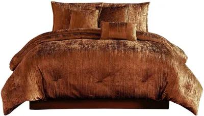 Jay 7 Piece King Comforter Set, Copper Polyester Velvet Deluxe Texture - Benzara