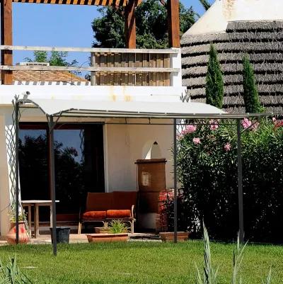 Beige Patio Cover: 10x8ft Metal Pergola with Extendable Side Awning