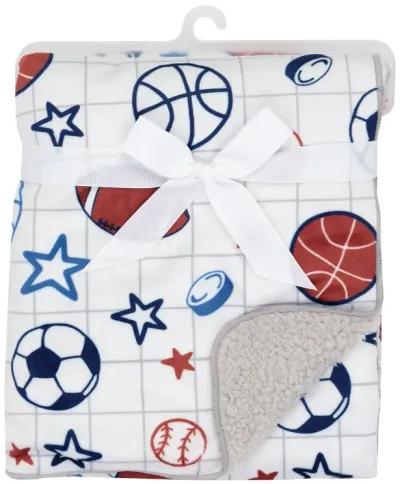 Lambs & Ivy Baby Sports White Fleece Baby Blanket - Football/Basketball/Baseball