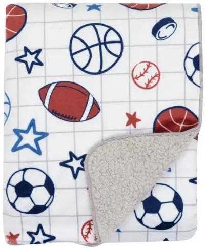 Lambs & Ivy Baby Sports White Fleece Baby Blanket - Football/Basketball/Baseball