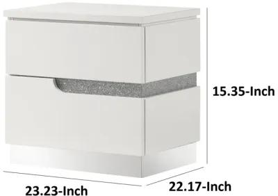 Ara 23 Inch Nightstand, 2 Drawers, Crystal Accents, White Laminate Finish - Benzara