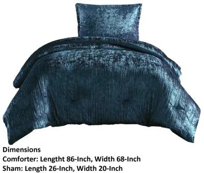 Jay 2 Piece Twin Comforter Set, Polyester Velvet, Deluxe Texture, Blue - Benzara