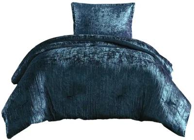 Jay 2 Piece Twin Comforter Set, Polyester Velvet, Deluxe Texture, Blue - Benzara