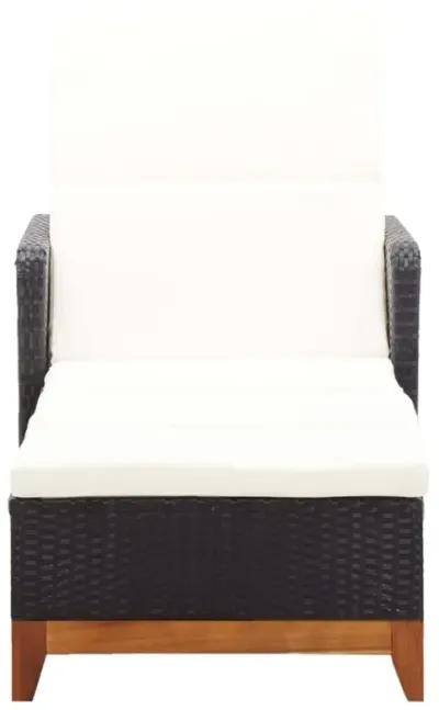 vidaXL Weather-Resistant Sun Lounger - Black Poly Rattan Outdoor Reclining Sunbed with Solid Acacia Wood Base and Removable Cushion