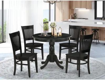 East West Furniture 5-Pc Dining Room Table Set- 4 dining room chairs and Dining Room Table - Wooden Seat and Slatted Chair Back (Black Finish)