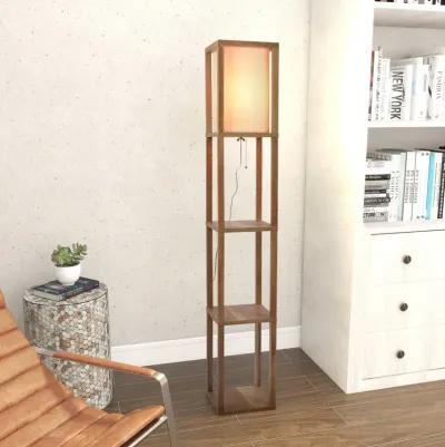 Pinnacle Shelf Floor Lamp For Bedroom/Living Room, Natural Wood with Long Shade