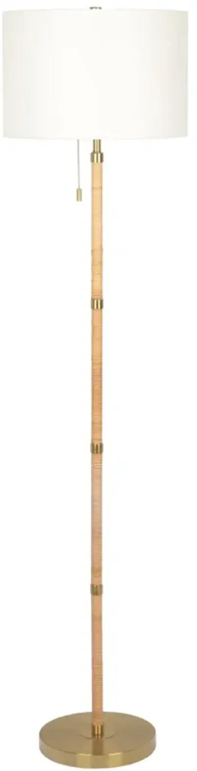 Stellar Wood Rattan Tube , Gold Brass Metal and White Linen Shade Floor Lamp