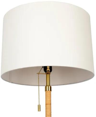 Stellar Wood Rattan Tube , Gold Brass Metal and White Linen Shade Floor Lamp