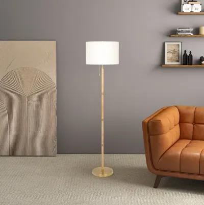 Stellar Wood Rattan Tube , Gold Brass Metal and White Linen Shade Floor Lamp