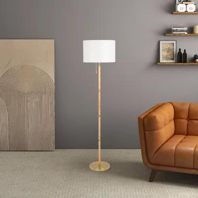 Stellar Wood Rattan Tube , Gold Brass Metal and White Linen Shade Floor Lamp