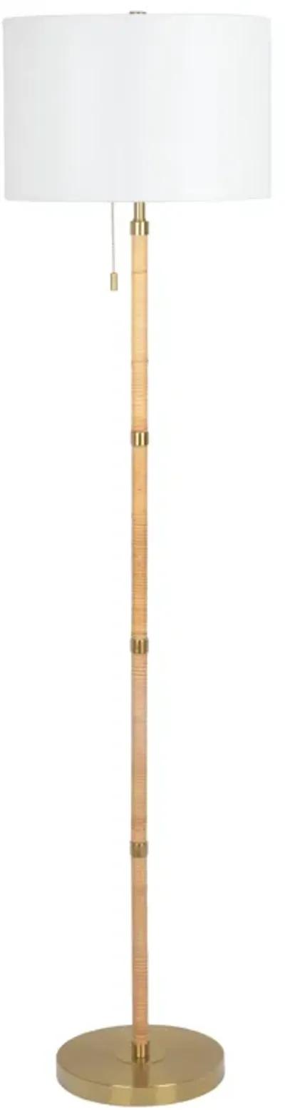 Stellar Wood Rattan Tube , Gold Brass Metal and White Linen Shade Floor Lamp