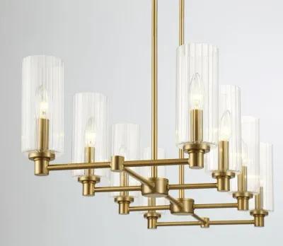 Willow Eight Lights Island With Clear Ribbed Glass Pendant Lamp - Satin Brass