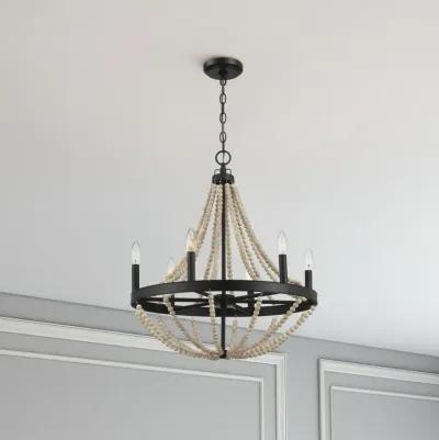 Starry Wood Chandelier Farmhouse Six Candle Light Wood Beaded Black Pendant Light for Dining Room