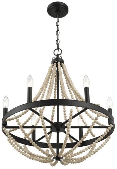 Starry Wood Chandelier Farmhouse Six Candle Light Wood Beaded Black Pendant Light for Dining Room