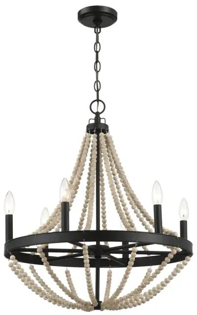 Starry Wood Chandelier Farmhouse Six Candle Light Wood Beaded Black Pendant Light for Dining Room