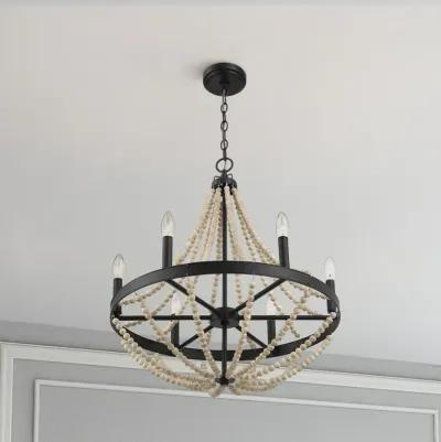 Starry Wood Chandelier Farmhouse Six Candle Light Wood Beaded Black Pendant Light for Dining Room