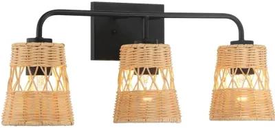 Moonlit Three Lights Wall Sconce With Rattan Shade, Bathroom Lighting Fixtures Over Mirror