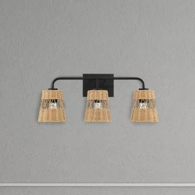 Moonlit Three Lights Wall Sconce With Rattan Shade, Bathroom Lighting Fixtures Over Mirror