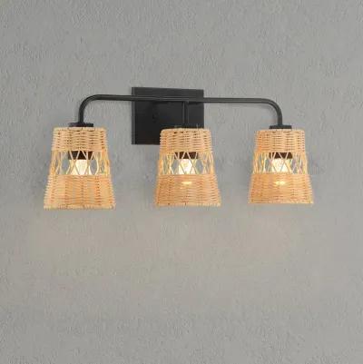 Moonlit Three Lights Wall Sconce With Rattan Shade, Bathroom Lighting Fixtures Over Mirror