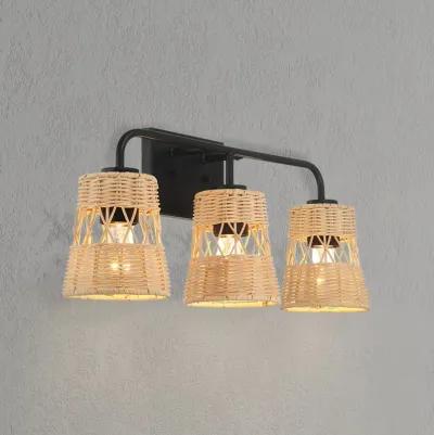 Moonlit Three Lights Wall Sconce With Rattan Shade, Bathroom Lighting Fixtures Over Mirror