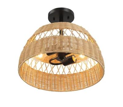 Twinkle Double Lights Semi Flush With Rattan Shade Black Metal Finish for Farmhouse Style