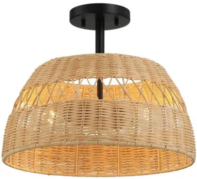 Twinkle Double Lights Semi Flush With Rattan Shade Black Metal Finish for Farmhouse Style