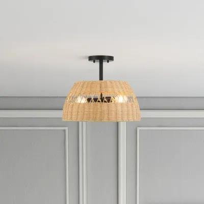 Twinkle Double Lights Semi Flush With Rattan Shade Black Metal Finish for Farmhouse Style