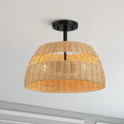 Twinkle Double Lights Semi Flush With Rattan Shade Black Metal Finish for Farmhouse Style