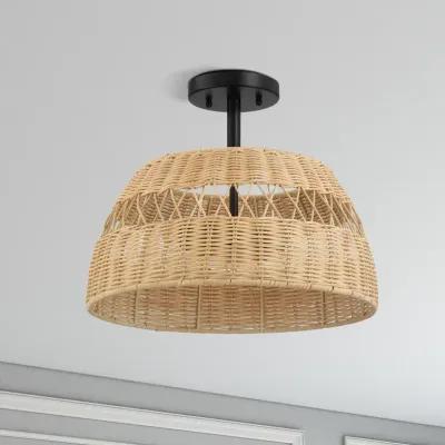 Twinkle Double Lights Semi Flush With Rattan Shade Black Metal Finish for Farmhouse Style